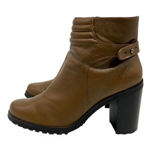 H by Halston Cara Leather Camel Block Heel Lug Sole Booties Womens 8